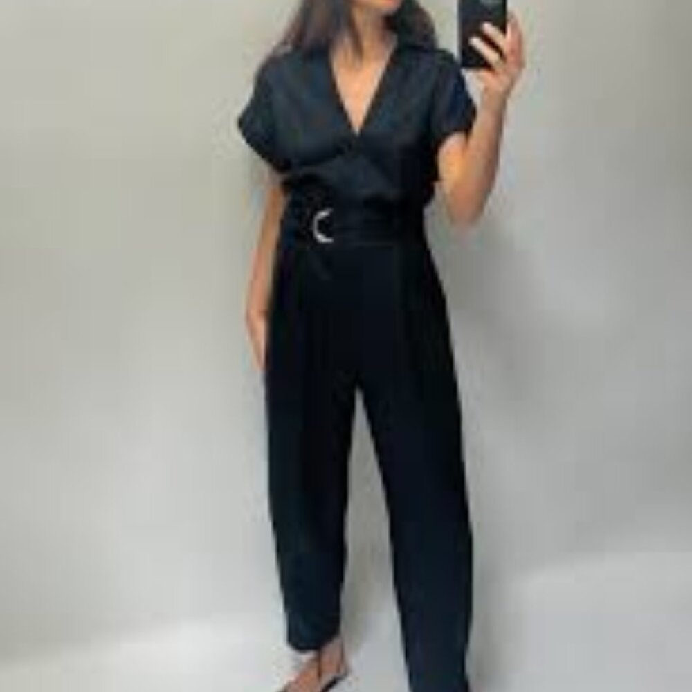 Dark Blue Zara Belted Linen Blend Jumpsuit